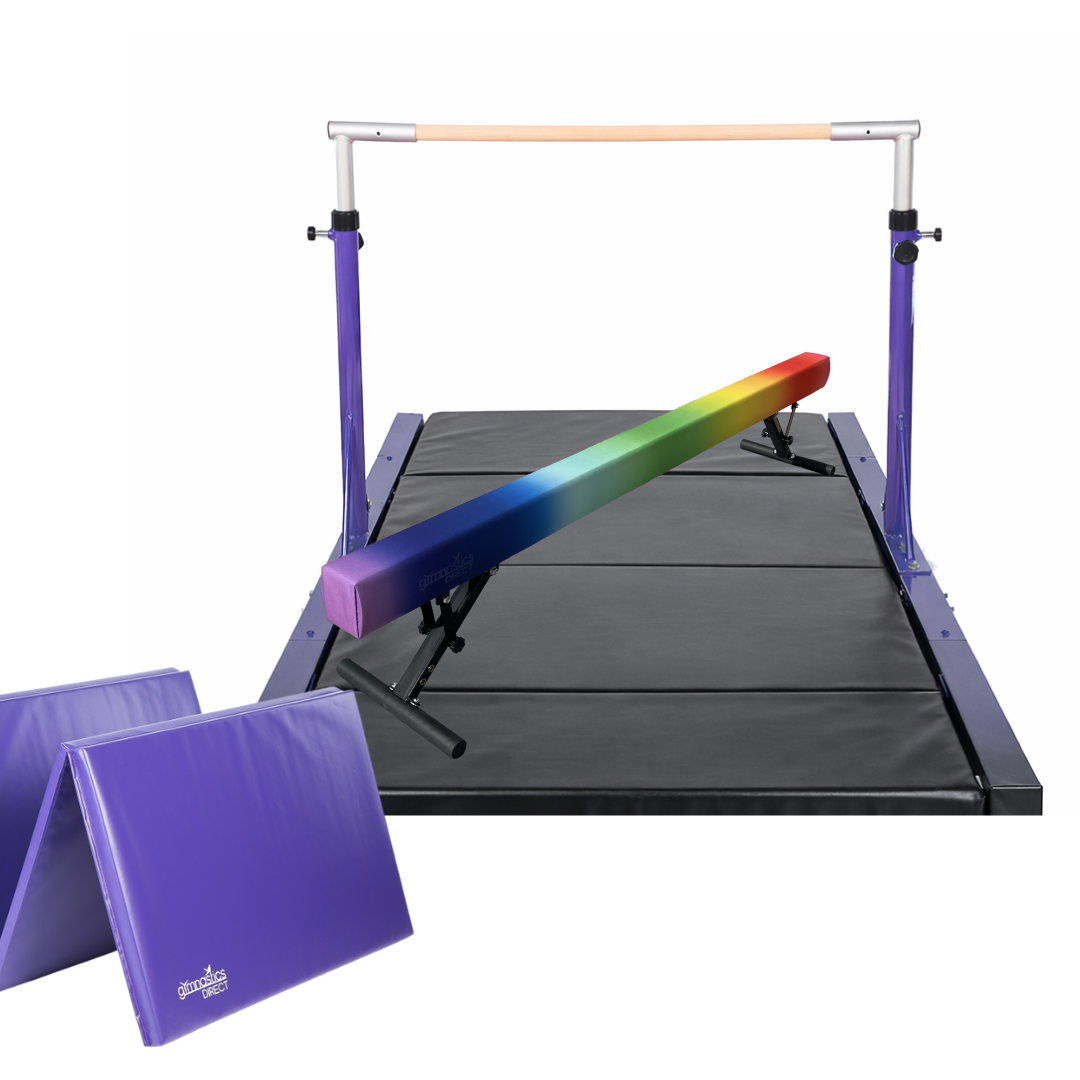 Level Gymnast 2.4m Beam (Adjustable Height), 2 X Mats, And Bar Combo