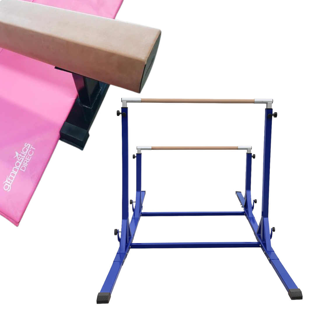 Elite Uneven Bars, 3.5m Elite Beam (30cm Feet), & 3m Folding Mat (Bundle)