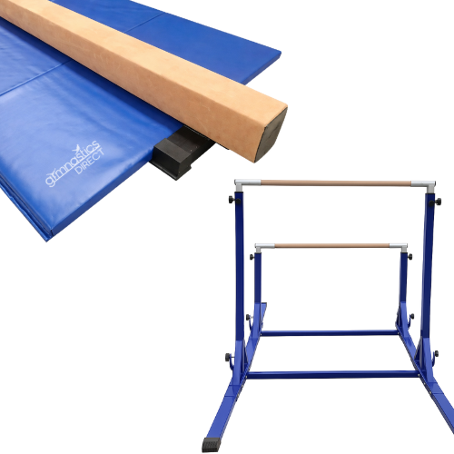 Elite Uneven Bars, 3m Elite Beam (Floor Feet), & 2.5m Folding Mat (Bundle)