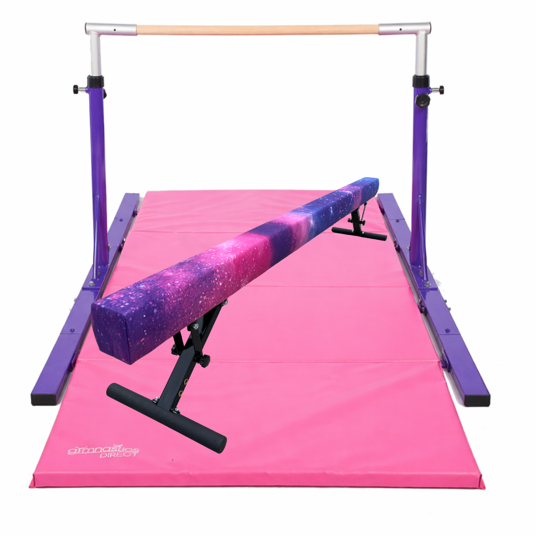 Level Gymnast 2.4m Beam (Adjustable Height), 3m Mat, And Elite Junior Bar Combo (Bundle)