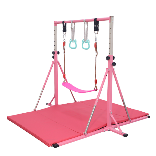 Toddler Gymnastics Play Set with Adjustable Folding Bar, Mat, Rings & Swing