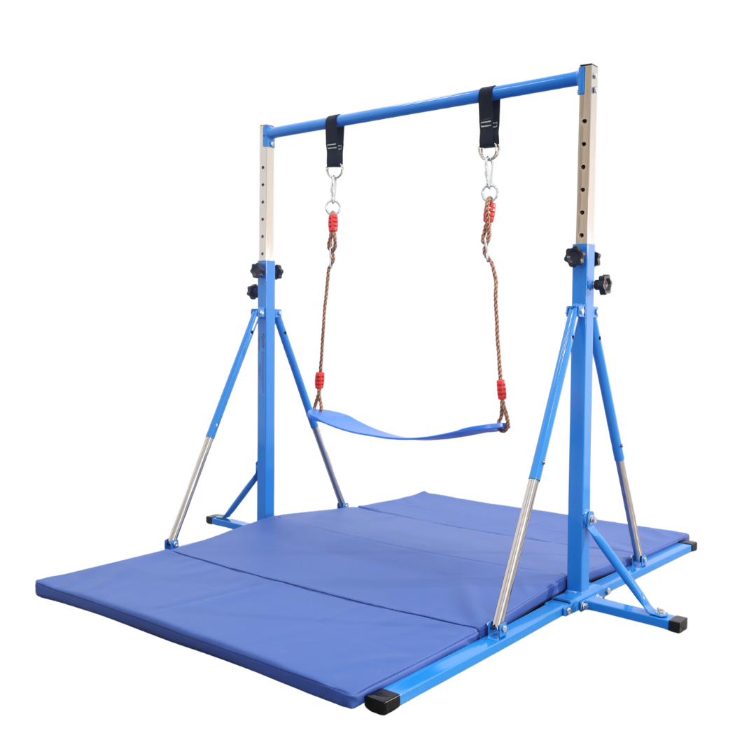 Toddler Gymnastics Play Set with Adjustable Folding Bar, Mat, Rings & Swing